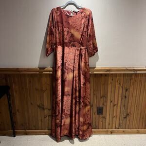 Baltic Born Paula Satin Maxxi Dress Terracotta Floral XL 3/4 Sleeve Feminine